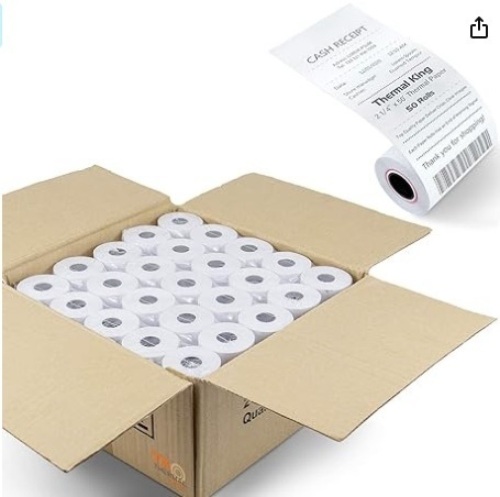 (50 Rolls) 2 1/4" x 50' feet Thermal Paper, POS Cash Register Receipt Rolls, Fits All Credit Card Terminal, Premium Quality, White - Lot 109