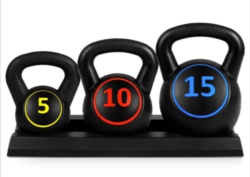 3-Piece Kettlebell Exercise Fitness Weight Set w/ Storage Rack - Lot 135