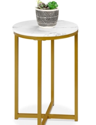 Round Coffee Side Table w/ Faux Marble Top, Metal Frame - 16in - Lot 223