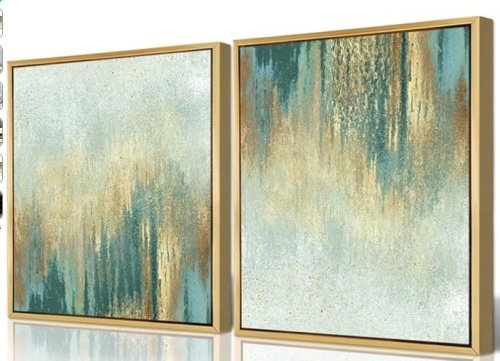 QTESPEII Abstract Wall Art Gold Frame Sage Teal Print Paintings Vintage Linen Canvas Artwork for Bedroom Living Room Minimalist Decorations Rustic Modern Home Office Décor 12"x12" 2 Pieces - Lot 227
