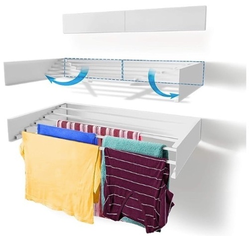 Step Up Laundry Drying Rack (40-INCH White), Wall Mounted, Retractable Clothes Drying Rack, 40lbs Capacity, 11.6 Linear Ft, with Wall Template and Long Screwdriver Bit - Lot 65a