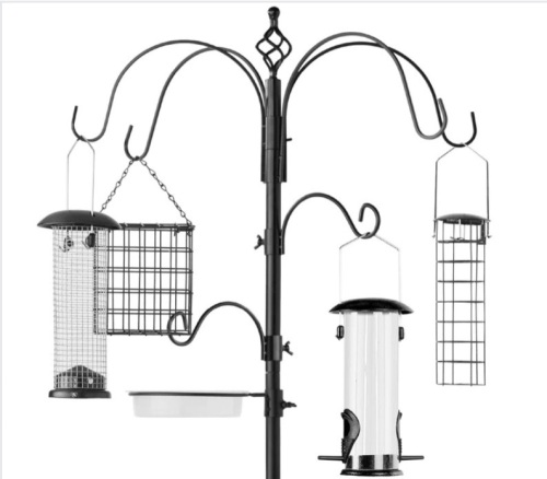 Bird Feeding Station, 6-Hook Steel Multi-Feeder Stand w/ 4 Feeders - 89in - Lot 244