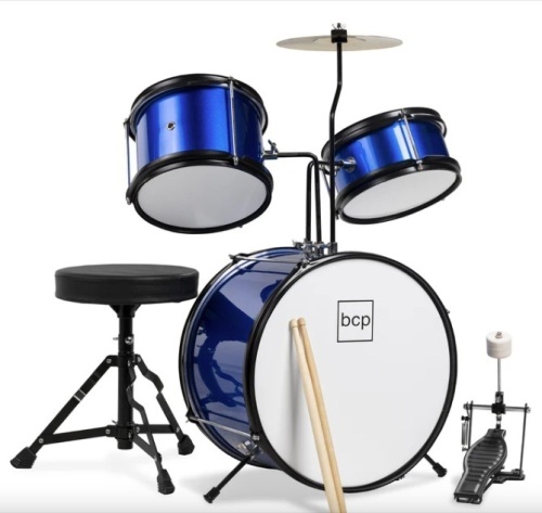Kids Beginner 3-Piece Drum, Musical Instrument Set w/ Sticks, Stool, Pedal - Lot 322