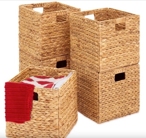 Set of 5 Collapsible Hyacinth Storage Baskets w/ Inserts - 13x13in - Lot 331