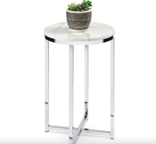 Round Coffee Side Table w/ Faux Marble Top, Metal Frame - 16in - Lot 333