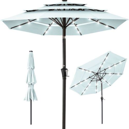 3-Tier Solar Patio Umbrella w/ LED Lights, Tilt Adjustment, Crank - 10ft - Lot 385