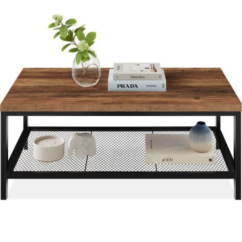 2-Tier Modern Coffee Table Industrial Rectangular Accent w/ Shelf - 44in - Lot 458