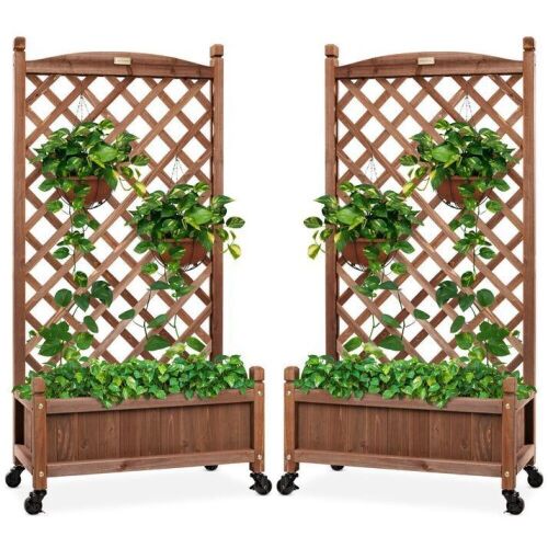 Set of 2 Wood Planter Box & Lattice Trellis w/ Optional Wheels - 48in - Lot 655
