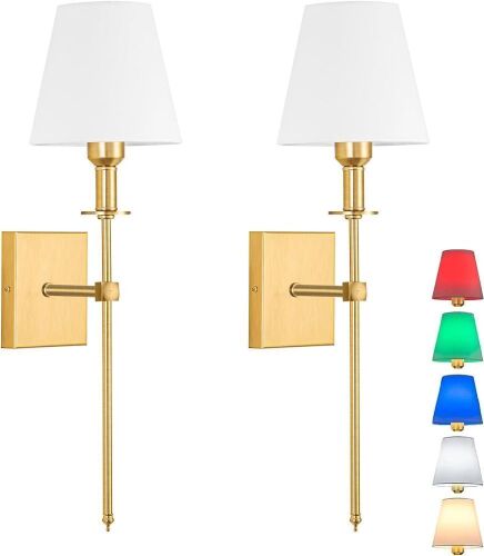 Battery Operated Dimmable Wall Sconces with Fabric Shade, Set of 2  - Lot 649