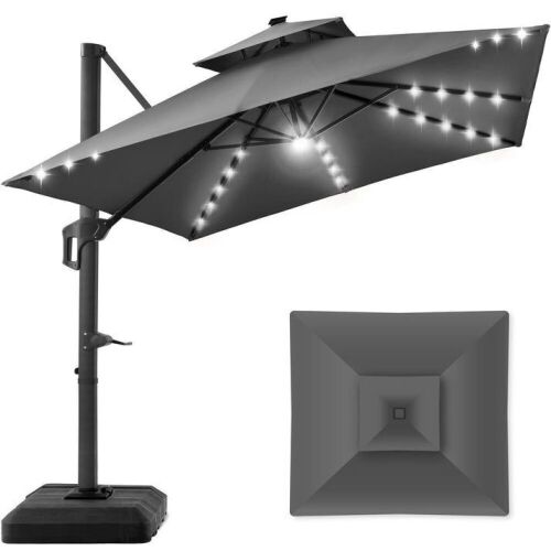 2-Tier Square LED Cantilever Offset Umbrella w/ 360 Rotation, Base - 10x10ft - Lot 25