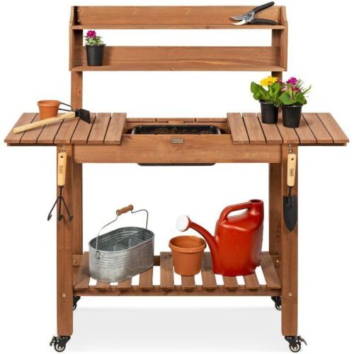 Wood Garden Potting Bench w/ Sliding Tabletop, Food Grade Dry Sink, Wheels - Lot 254