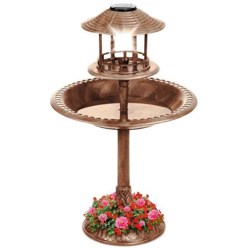 Solar Lighted Outdoor Pedestal Bird Bath w/ Planter, Decorative Bird Cage - Lot 685