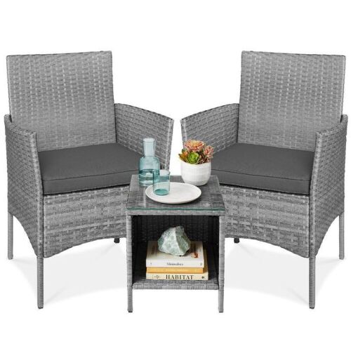 3-Piece Outdoor Patio Wicker Bistro Set w/ Side Storage Table - Lot 65