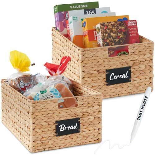 Set of 2 Water Hyacinth Pantry Baskets w/ Chalkboard, Marker - 16in - Lot 362