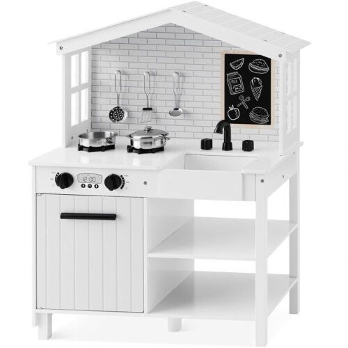 Kids Farmhouse Play Kitchen w/ Chalkboard, Storage Shelves, 5 Accessories - Lot 717