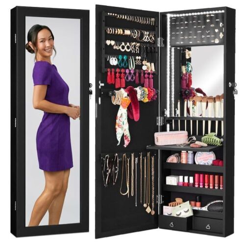 Door/Wall Mount Mirror Jewelry Cabinet Armoire w/ Inside Mirror, LED Lights - Lot 147