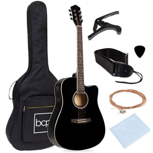 41in Beginner Acoustic Electric Cutaway Guitar Set w/ Case, Strap - Lot 142