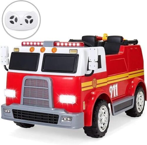 12V RC Fire Truck Ride On w/ USB Port, LED Lights and Sounds, Red - Lot 24