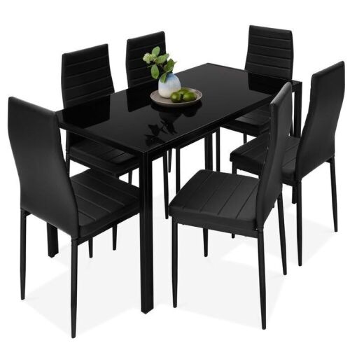 7-Piece Dining Table Set w/ Glass Top, Leather Chairs - Lot 40