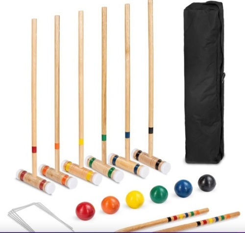 6-Player Wood Croquet Set w/ 6 Mallets, 6 Balls, Wickets, Stakes, Bag - 32in - Lot 86