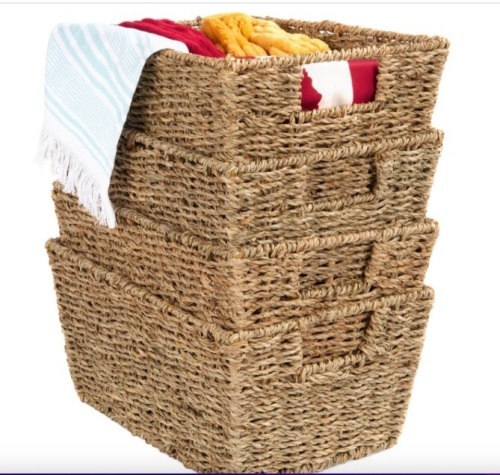 Set of 4 Seagrass Storage Tote Baskets, Laundry Organizer w/ Insert Handles - Lot 95