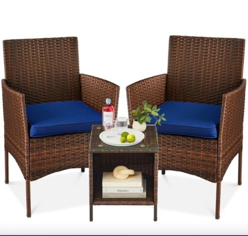3-Piece Outdoor Patio Wicker Bistro Set w/ Side Storage Table - Lot 98