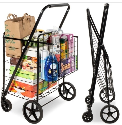 Folding Steel Grocery Cart w/ Double Basket, Swivel Wheels, 220lb Cap - Lot 111