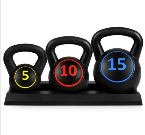 3-Piece Kettlebell Exercise Fitness Weight Set w/ Storage Rack - Lot 176