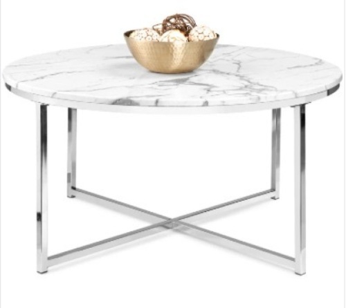 Round Coffee Table w/ Faux Marble Top, Metal Frame - 36in - Lot 189