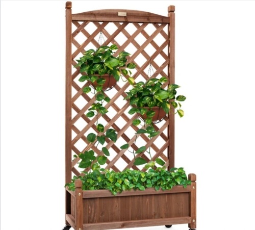 Wood Planter Box & Lattice Trellis w/ Drainage, Optional Wheels - 48in - Lot 274