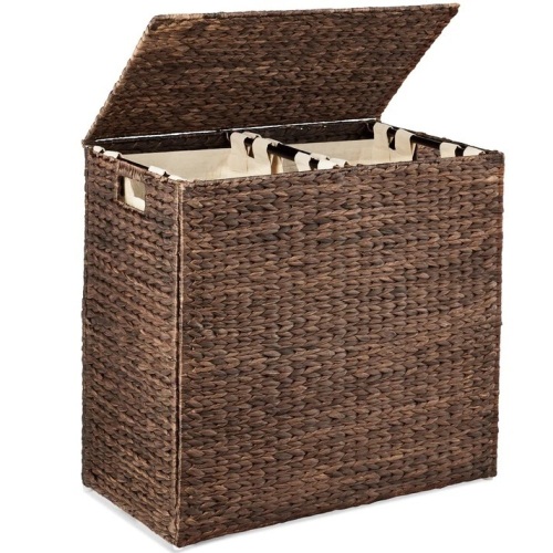 Large Water Hyacinth Double Laundry Hamper Basket w/ 2 Liner Bags - Lot 292