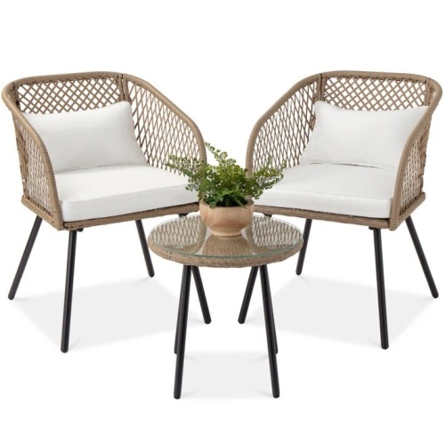 3-Piece Outdoor Diamond Weave Wicker Bistro Set w/ Tempered Glass Side Table  : 22.5"(L) x 21"(W) x 32"(H) - Lot 309