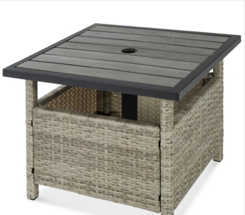 Outdoor Wicker Patio Side Table Accent Furniture w/ Umbrella Hole - Lot 312