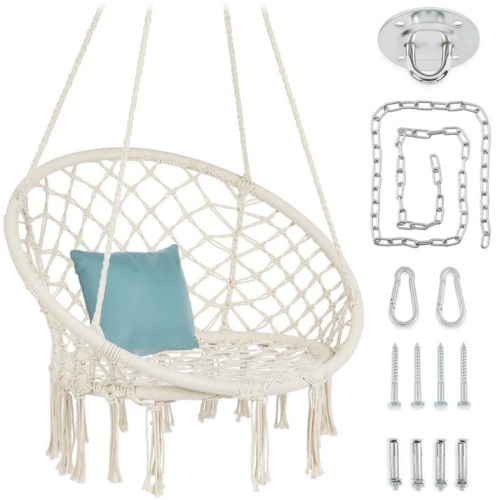 Cotton Macrame Hammock Hanging Chair Swing, Handwoven w/ Backrest - Lot 337