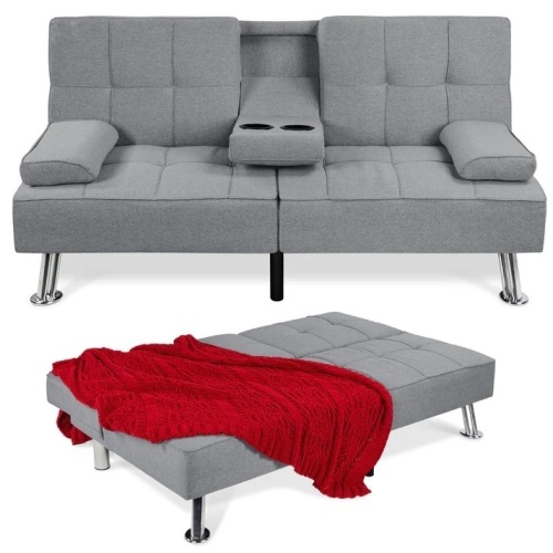 Linen Upholstered Convertible Sofa Bed Futon w/ 2 Cupholders  65.25"(L) x 32"(W) x 29"(H) - Lot 357