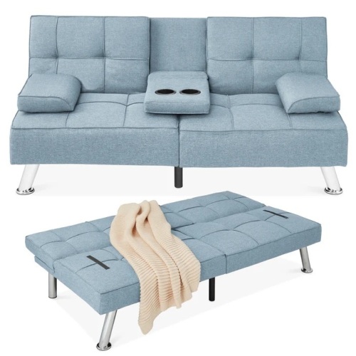 Linen Upholstered Convertible Sofa Bed Futon w/ 2 Cupholders  65.25"(L) x 32"(W) x 29"(H) - Lot 358