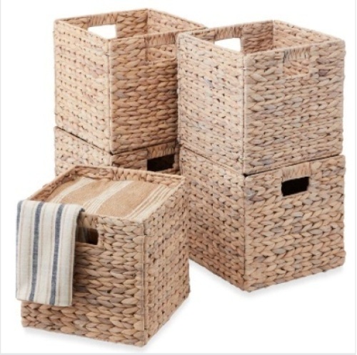 Set of 5 Collapsible Hyacinth Storage Baskets w/ Inserts - 12x12in - Lot 265
