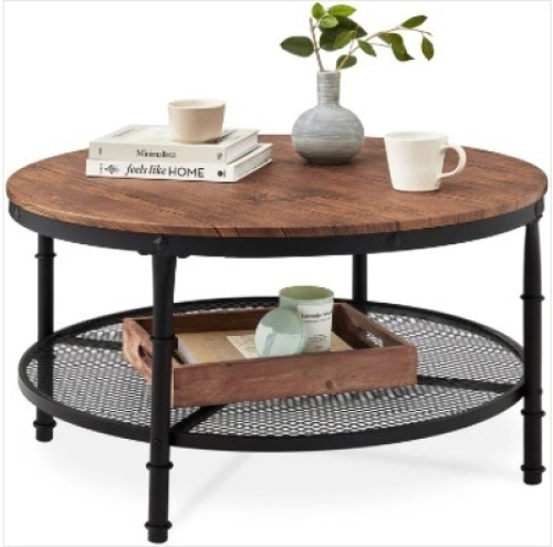 2-Tier Round Industrial Wood & Steel Coffee Table, Storage Shelves - 35.5in - Lot 269