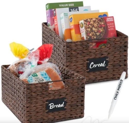 Set of 2 Water Hyacinth Pantry Baskets w/ Chalkboard, Marker - 16in - Lot 138