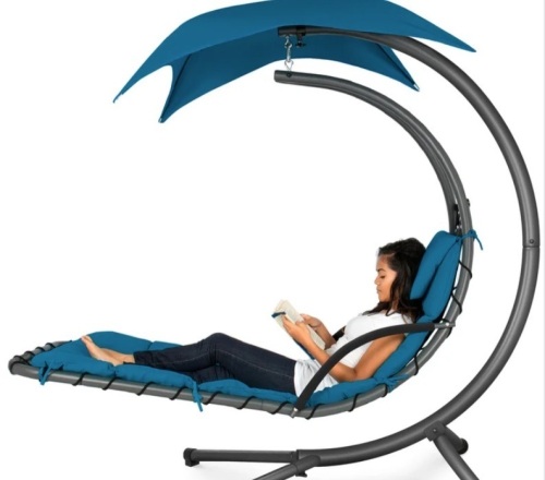 Hanging Curved Chaise Lounge Chair w/ Built-In Pillow, Removable Canopy - Lot 381