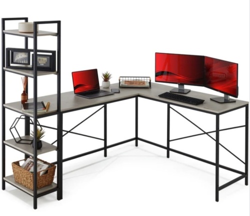 L-Shaped Computer Desk, Study Workstation w/ 5-Tier Open Storage Bookshelf - Lot 388
