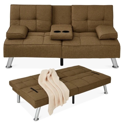 Linen Upholstered Convertible Sofa Bed Futon w/ 2 Cupholders - Lot 395