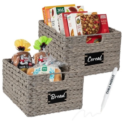 Set of 2 Water Hyacinth Pantry Baskets w/ Chalkboard, Marker - 16in - Lot 154