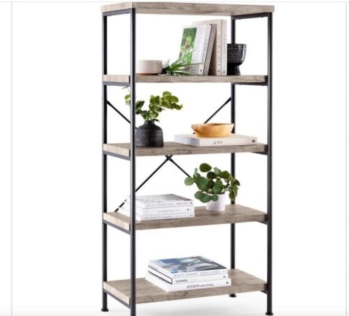 5-Tier Industrial Bookshelf w/ Metal Frame, Wood Shelves - Lot 163