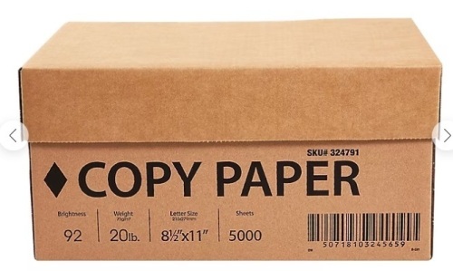 8.5" x 11" Copy Paper, 20 lbs., White, 5000 Sheets/Carton  - Lot 464