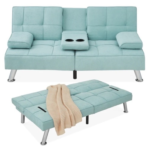 Linen Upholstered Convertible Sofa Bed Futon w/ 2 Cupholders - Lot 6788anm