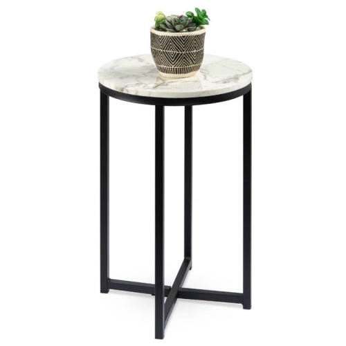 Round Coffee Side Table w/ Faux Marble Top, Metal Frame - 16in - Lot 6836
