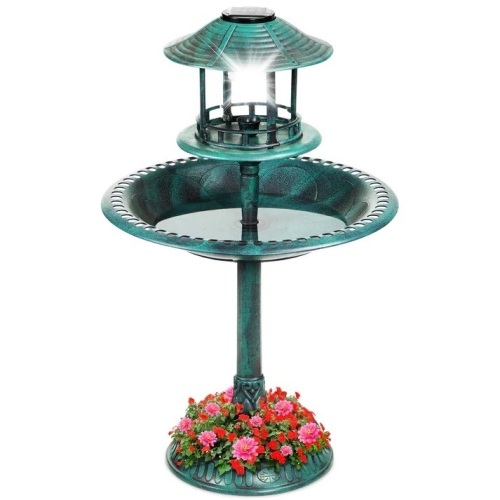 Solar Lighted Outdoor Pedestal Bird Bath w/ Planter, Decorative Bird Cage - Lot 6843