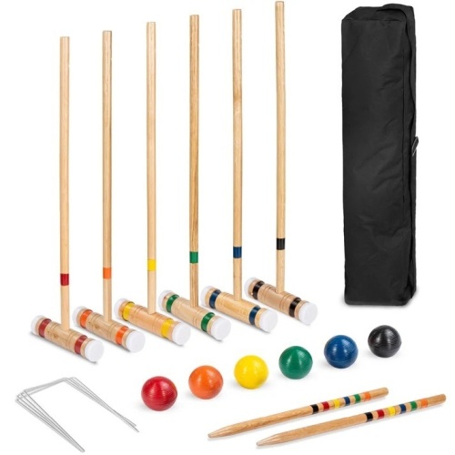 6-Player Wood Croquet Set w/ 6 Mallets, 6 Balls, Wickets, Stakes, Bag - 32in - Lot 6860