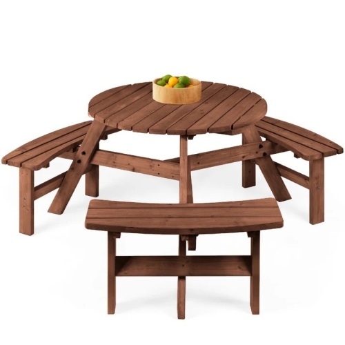 6-Person Circular Wooden Picnic Table w/ Umbrella Hole, 3 Benches - Lot 6879